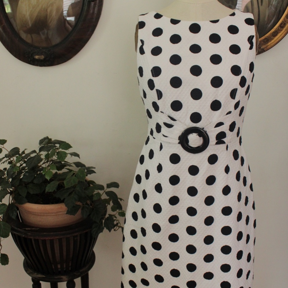 David Meister 60's Style White and Black Polka Belted Dot Dress